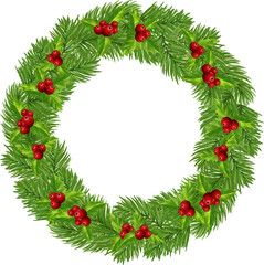 Fototapeta na wymiar New Year's wreath with red berries, pine cones and tinsel. Green pine wreath. On transparent, PNG, illustration. Garland
