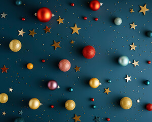 Christmas collection, top view balls and stars decorative ornaments, on vibrant blue background with small golden sparkles of glitter. In red blue, gold and silver tones.