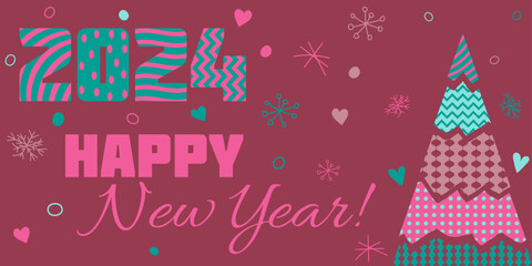 Multicolored Christmas tree with numbers 2024 and text Happy New Year. Colorful vector hand drawn illustration in blue, beige and pink colors on red background. One of cute Christmas collection