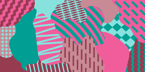 Naklejka premium Abstract multicolored blue-beige-pink-red background with chaotic figures and decor zigzag, dots, stripes. Bright colorful vector illustration 