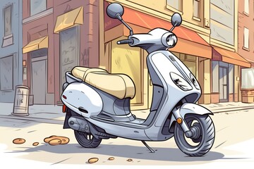 silver scooter parked on a city sidewalk