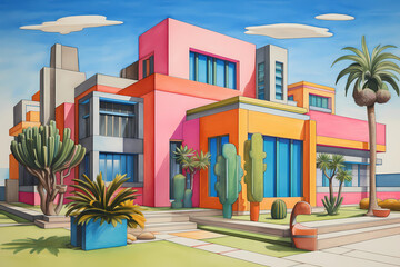 Art Deco Style House (Cartoon Colored Pencil) - Originated in France in the 1920s and 1930s, characterized by geometric shapes, sleek lines, and bold colors