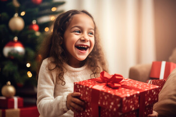 Fototapeta na wymiar Little girl laughing with an expression of surprise, receiving a red Christmas gift box, next to the illuminated tree during Christmas Eve, in the living room.