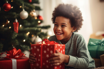 Little African American boy, smiling with an expression of surprise, receiving a red Christmas gift box, next to the illuminated tree on Christmas Eve, in the living room. Looking to the side - obrazy, fototapety, plakaty