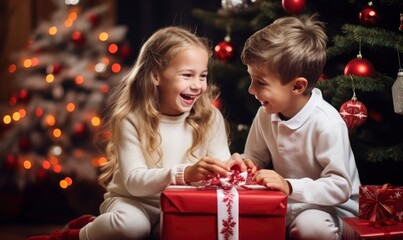 Obraz na płótnie Canvas Happy two smiling children opening christmas presents next to the xmas tree as bokeh on christmas eve
