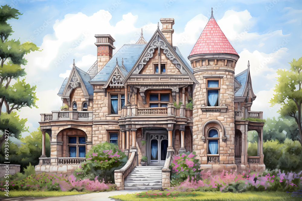 Wall mural Chateau Style House (Cartoon Colored Pencil) - Originated in France in the 16th century, characterized by a castle-like design with turrets, towers, and a steep-pitched roof