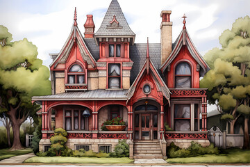 Carpenter Gothic Style House (Cartoon Colored Pencil) - United States in mid-19th century, characterized by a steep pitched roof with gables, decorative trusses & ornate details such as pointed arches - obrazy, fototapety, plakaty