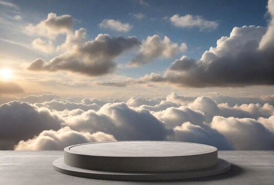 Gray round concrete stone podium for product presentation above fluffy clouds in the evening mood