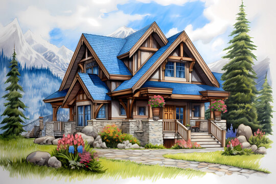 Chalet Style House (Cartoon Colored Pencil) - Originated in Switzerland in 19th century, characterized by a steep pitched roof with wide eaves, exposed wooden beams & a rustic, alpine-inspired design