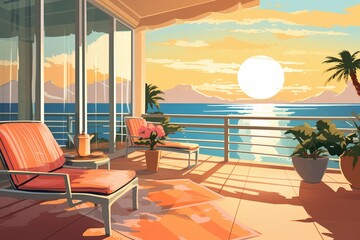 Fototapeta premium spacious sunlit terrace with ocean view, magazine style illustration