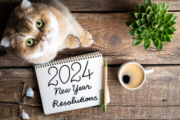 New year resolutions 2024 on desk. 2024 resolutions list with notebook, coffee cup, cute cat on table. Goals, resolutions, plan, cozy, hygge concept. New Year 2024 background