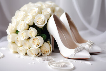 White wedding shoes with bouquet of roses of the bride on a light background.Generative AI