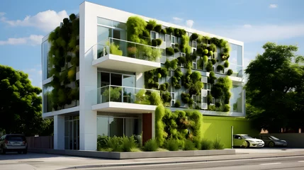 Deurstickers A modern sustainable architecture design featuring green walls and energy-efficient windows. © Melvin