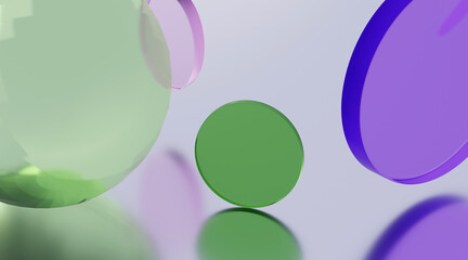 3D rendered illustration with glass cylinders in different colors. A minimal abstract scene with geometrical forms on a light background. Set of Geometric shapes in a dynamic composition.
