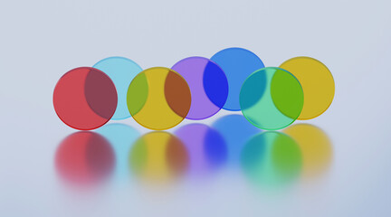 3D rendered illustration with glass cylinders in different colors. A minimal abstract scene with geometrical forms on a light background. Set of Geometric shapes in a dynamic composition.