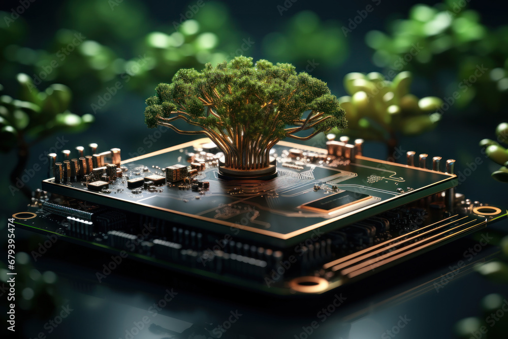 Poster a tree growing atop a convergence point of a computer circuit board, emphasizing green computing and