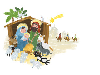 cartoon illustration of the holy family josef mary traditional scene illustration for the children © honeyflavour