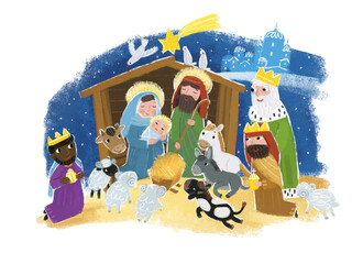 cartoon illustration of the holy family josef mary traditional scene illustration for the children