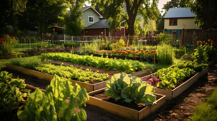 Fototapeta na wymiar An urban community garden where neighbors collectively grow vegetables.
