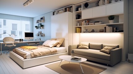 A chic, compact urban apartment with space-saving furniture, a wall bed, and multi-functional living spaces.