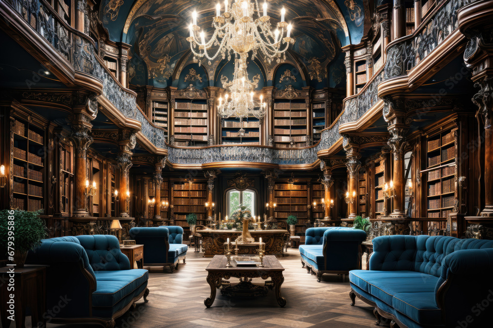 Poster a grand library with towering bookshelves and ornate architecture, inviting readers into a world of 