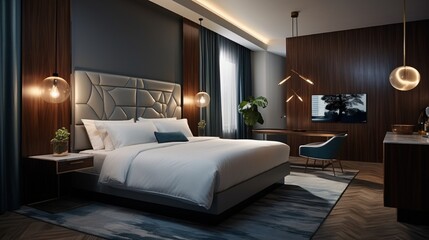 A high-end, modern guest room with a wall-mounted smart TV, a queen-sized bed with a designer headboard, and ambient lighting.