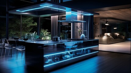 A high-tech modern kitchen with voice-controlled appliances, a digital backsplash display, and mood lighting.