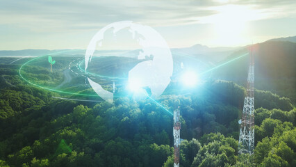 5G telecom tower with planet earth for environmental sustainable development. Aerial view at sunset...