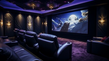 A luxurious home theater with deep purple walls, plush seating, and state-of-the-art audio-visual equipment. - obrazy, fototapety, plakaty
