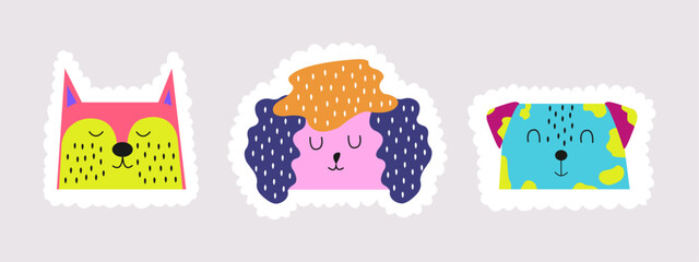 Set of illustrations of three different dogs in colorful colors. Design vector elements in flat style