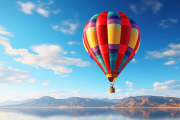 Fototapeta premium A close-up of a colorful hot air balloon floating gracefully against the backdrop of a clear, blue sky, reflecting the joy of ballooning. Generative Ai.