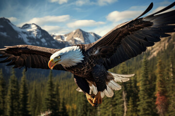 Obraz premium A close encounter with a majestic bald eagle in flight, celebrating the splendor of wildlife and freedom. Generative Ai.
