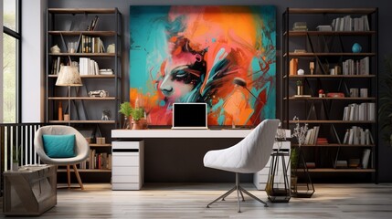 A modern home office with a sleek desk, vibrant art, and stylish, ergonomic office furniture.