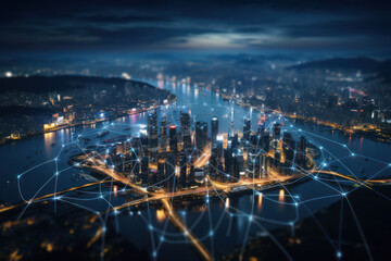 Fototapeta na wymiar A captivating aerial view of a city skyline at night, illuminated by a web of dazzling lights. Generative Ai.