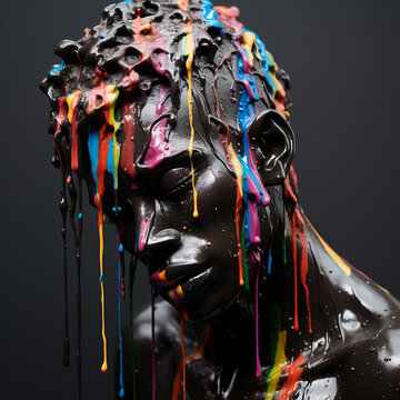 Rainbow-colored tears drip down from a black male sculpture, symbolizing the pain experienced within the LGBTQI+ community - AI Generated