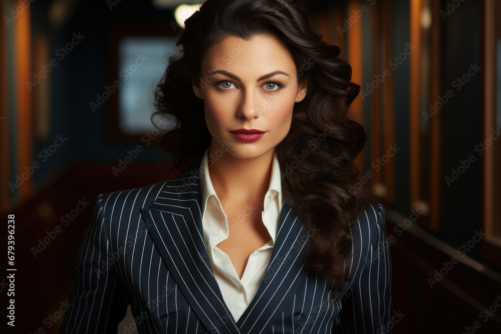 Canvas Prints a confident vintage woman in a sharp pinstripe suit, channeling the power and strength of women in t