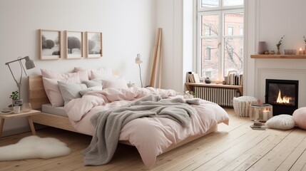 A Scandinavian-inspired bedroom with a pastel color palette, minimalist decor, and cozy textiles.