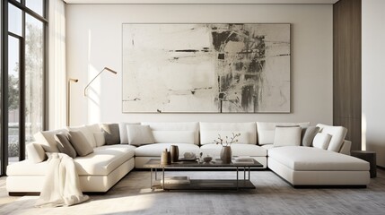 A sophisticated living room featuring a monochromatic color palette, a white sectional sofa, and an oversized, abstract metal wall art.