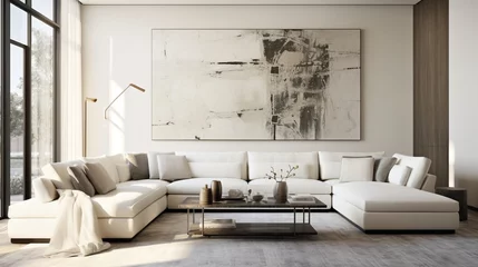 Foto op Plexiglas A sophisticated living room featuring a monochromatic color palette, a white sectional sofa, and an oversized, abstract metal wall art. © ZQ Art Gallery 