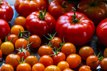 Ripe tomatoes in different sizes.