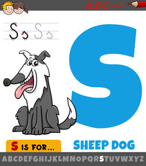 letter S worksheet with cartoon sheep dog animal character