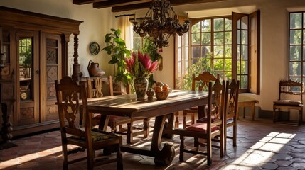 A Spanish colonial dining room with a heavy wooden table, ornate chairs, and a beamed ceiling.