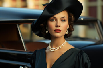 A poised vintage woman in a tailored 1930s ensemble, representing the art deco elegance of the era. Generative Ai.