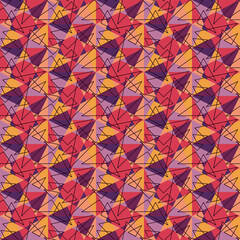 Fototapeta na wymiar Abstract pattern of triangle shapes in different sizes with random colourfulness in yellow, apricot, red and purple for landing pages, posters, flyers, brochures, textile, wrapping and decoration