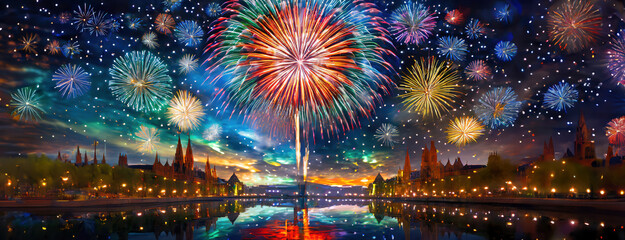 Firework over night city and river on the background. New Year Eve and Christmas celebrations. Panorama with copy space.