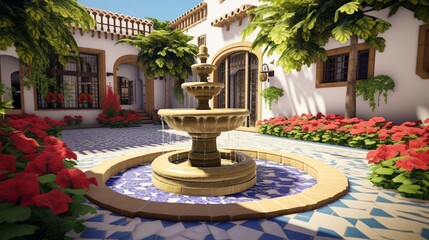 Fototapeta na wymiar An Andalusian-style courtyard with a central fountain, colorful mosaic tiles, and potted geraniums.