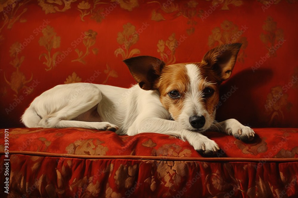 Sticker portrait of a sleeping jack russell dog on a sofa