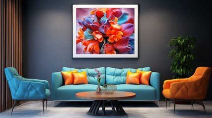 Capture the vibrant interplay of color and artistry in a contemporary interior, creating a visually stunning photograph of unique designs.