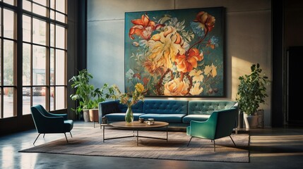 Capture the vibrant tapestry of a modern interior, alive with bold and unique designs that dance harmoniously in every corner of the photograph.