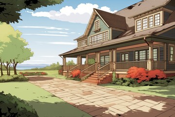 wide shot of a shingle-style house with veranda and a decorated driveway, magazine style illustration - obrazy, fototapety, plakaty